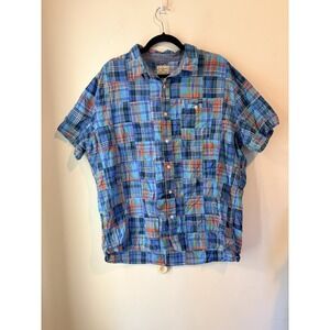 Vintage L L Bean Plaid Patch Work Short Sleeve Button Down‎ Shirt Mens XL Blue